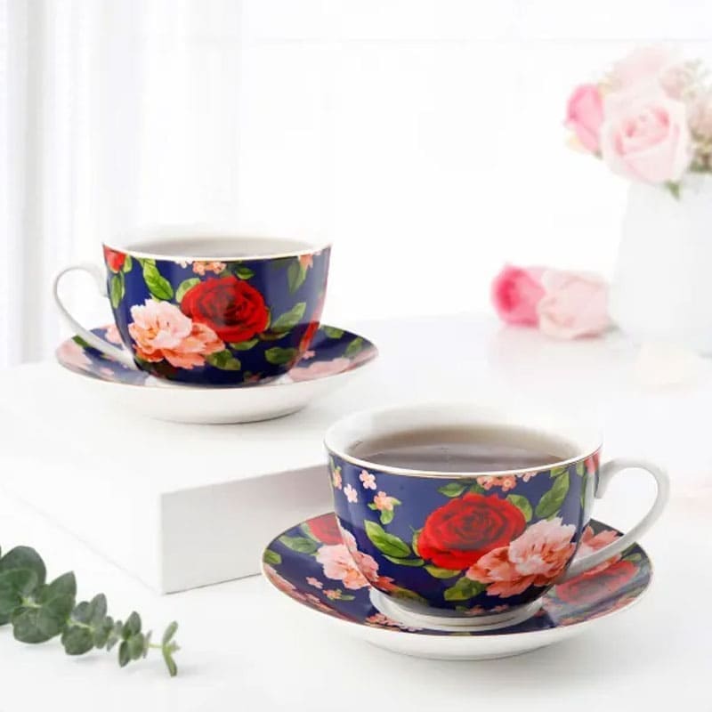 Floral Cup and Saucer with Sapphire Blue Base